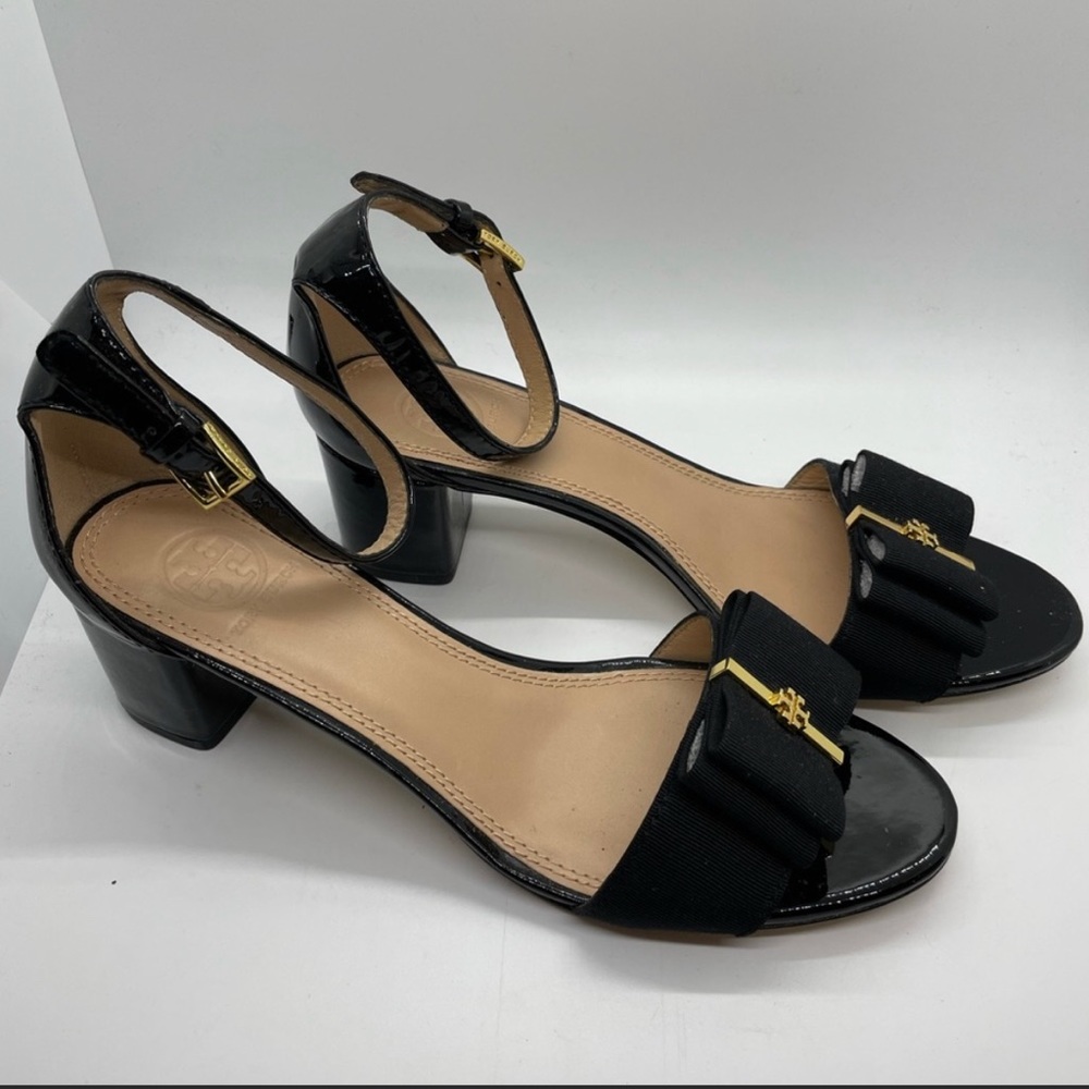 Tory Burch Black Patent Leather Trudy Heel Sandals Bow Pumps 8M